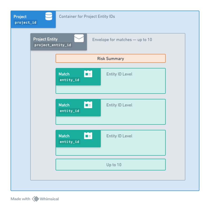 Visual diagram showing the three-tier hierarchy of Project Entities with Project, Project Entity, and Match levels